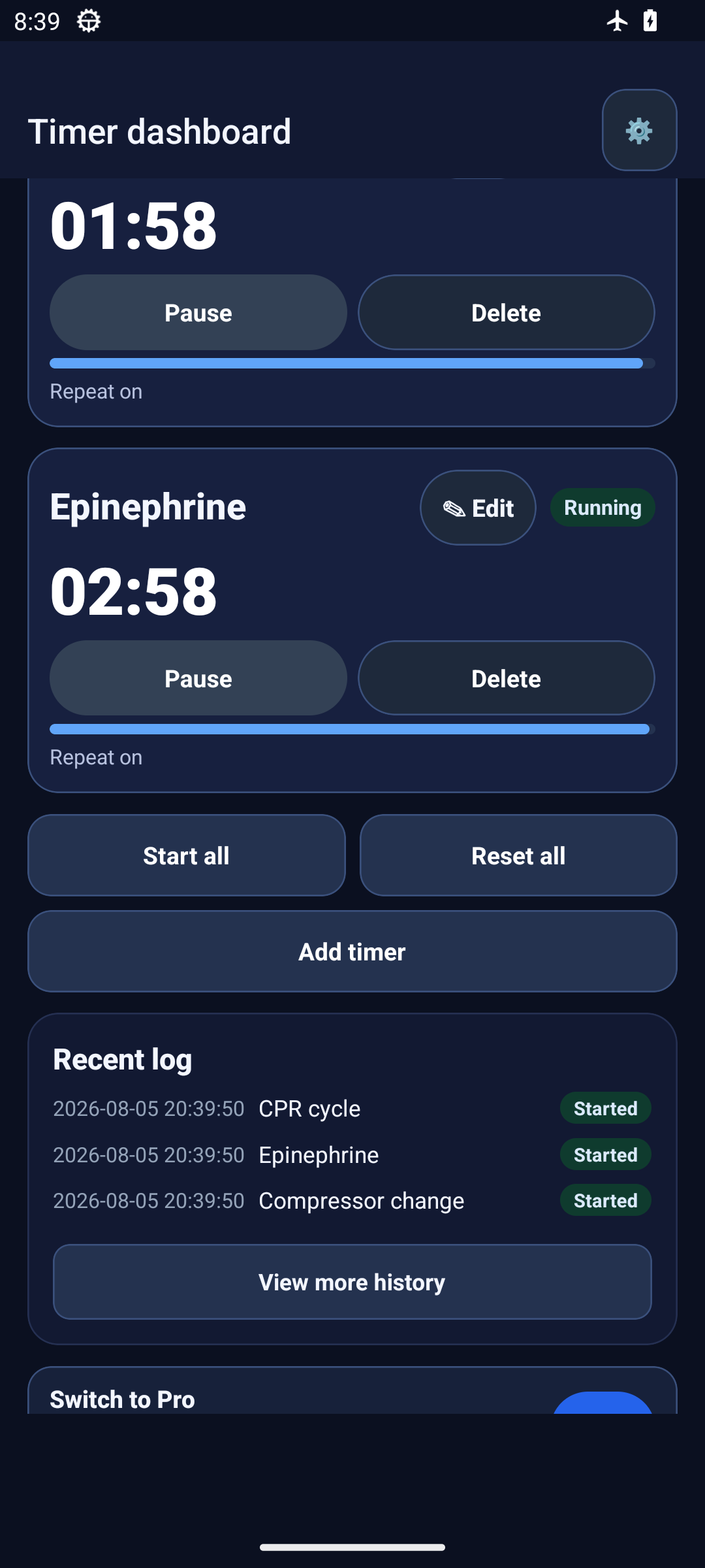 Captura real en inglés del Historial de alarmas con horas de inicio