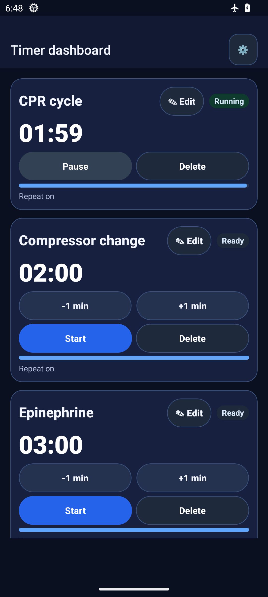 Captura real en inglés del panel de CodeBlue Timer con tres temporizadores