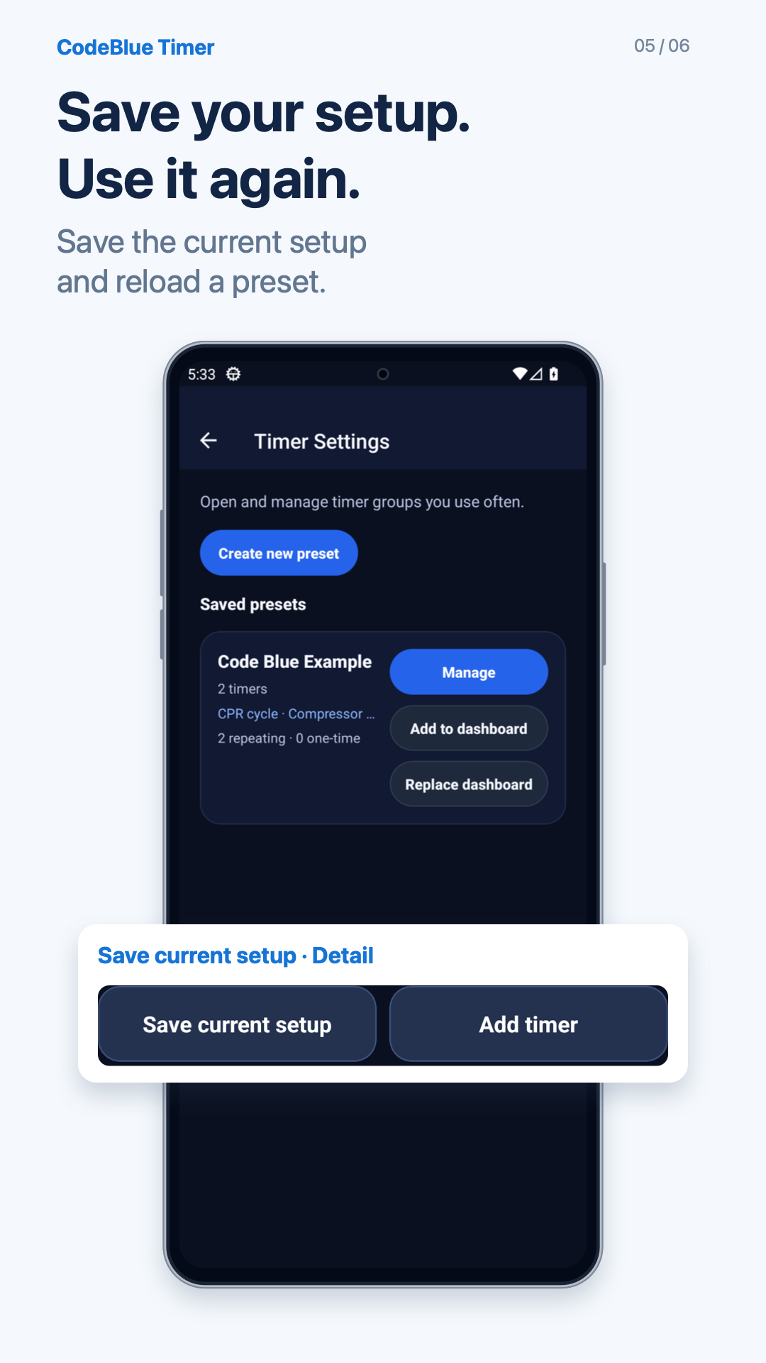 Save frequent setups as presets — based on actual app screens