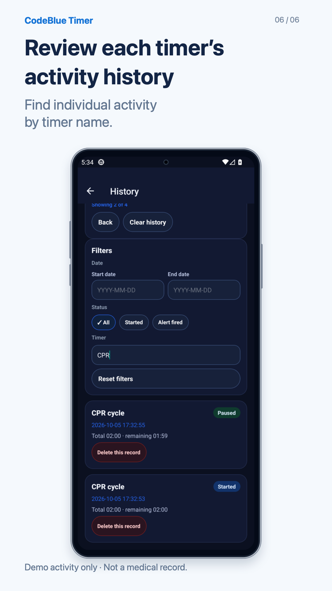 Review records for each timer — based on actual app screens